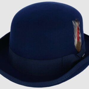MEN'S NAVY BLUE BOWLER WOOL DERBY HAT BY KENNY K- WITH FEATHER HATBAND (NEW) M
